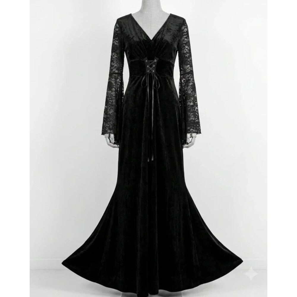 Morticia Addams Gothic Black Velvet Maxi Dress with Lace Bell Sleeves
